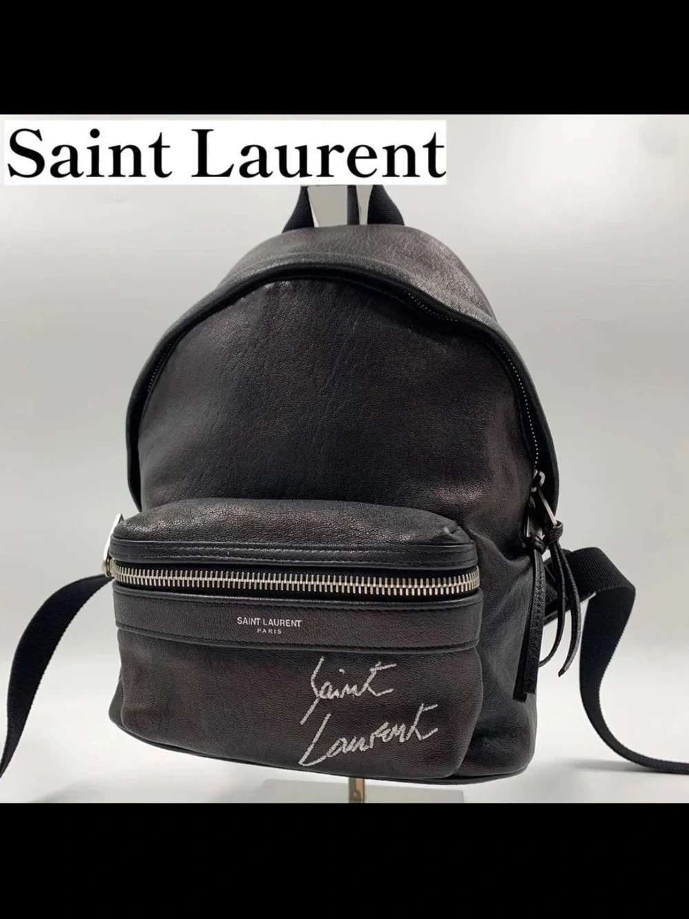 Saint Laurent Black Leather Backpack with Front Logo Pocket